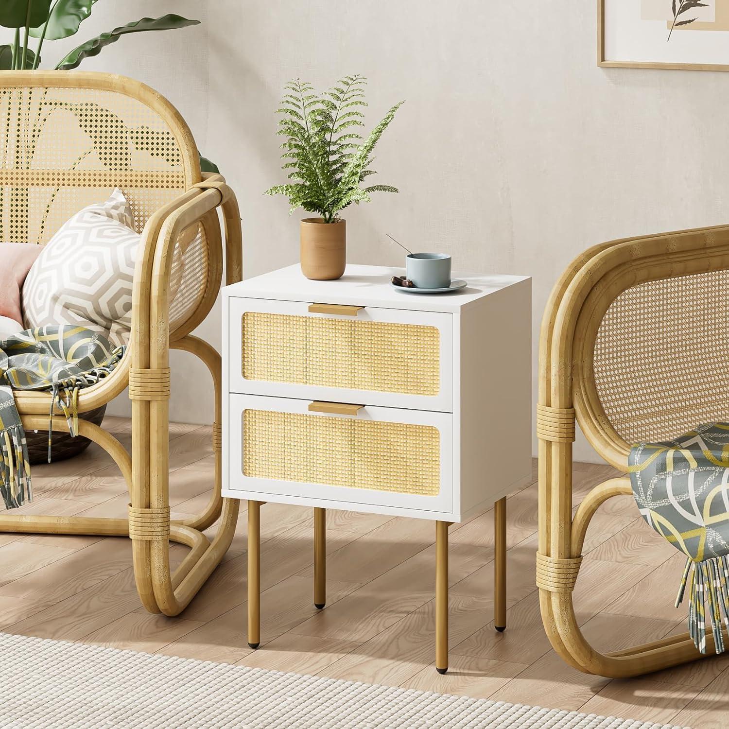 Rattan Nachttisch mit 2 Schubladen, Weiß-Gold, für Schlafzimmer
