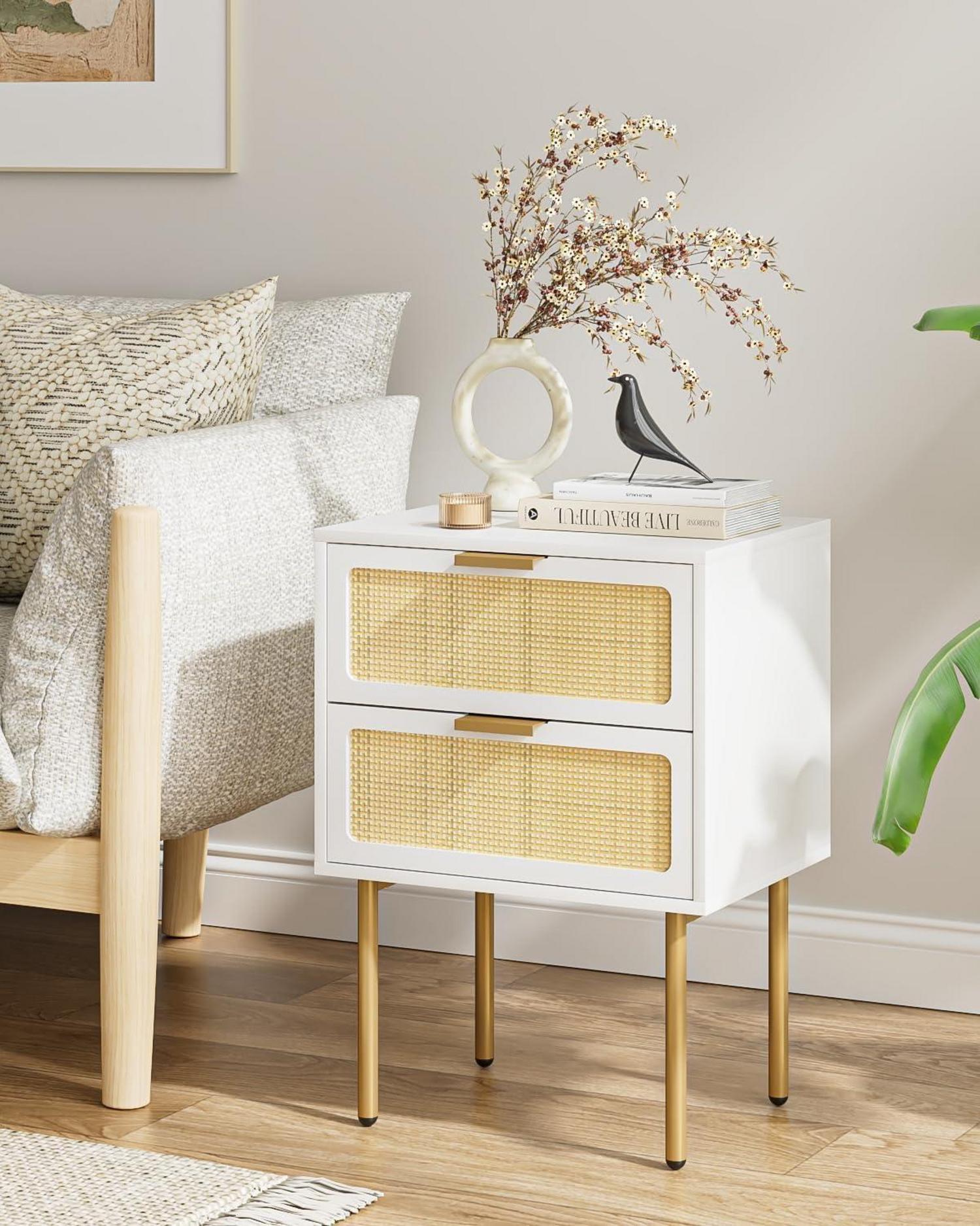Rattan Nachttisch mit 2 Schubladen, Weiß-Gold, für Schlafzimmer