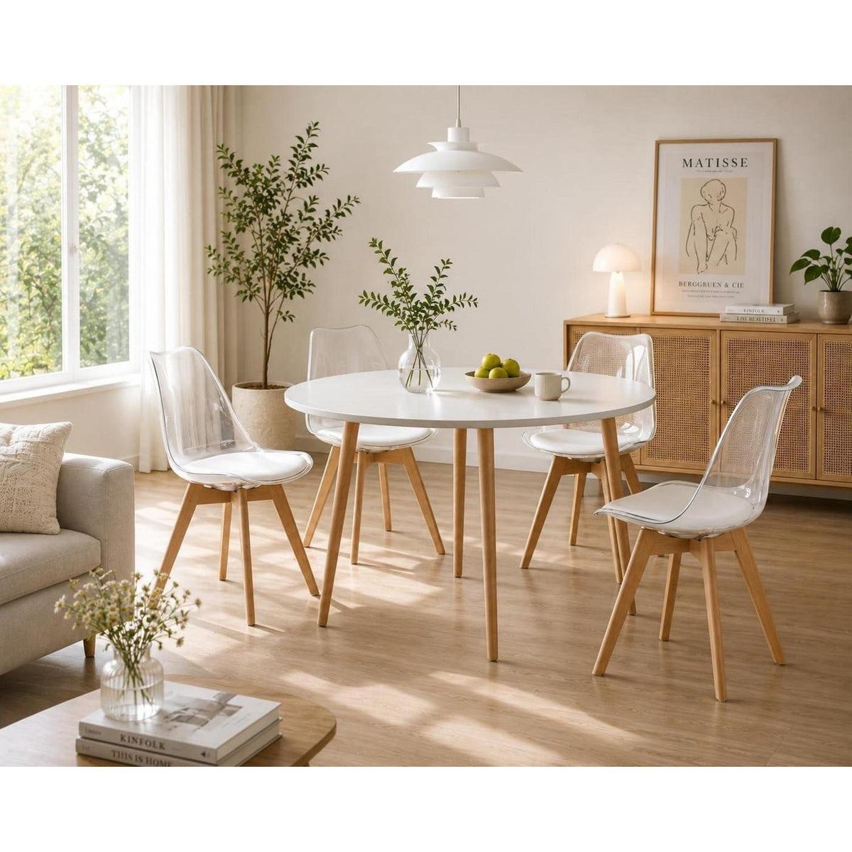 Transparente Esszimmerstühle Set 8er mit Buchenbeinen & Sitzkissen