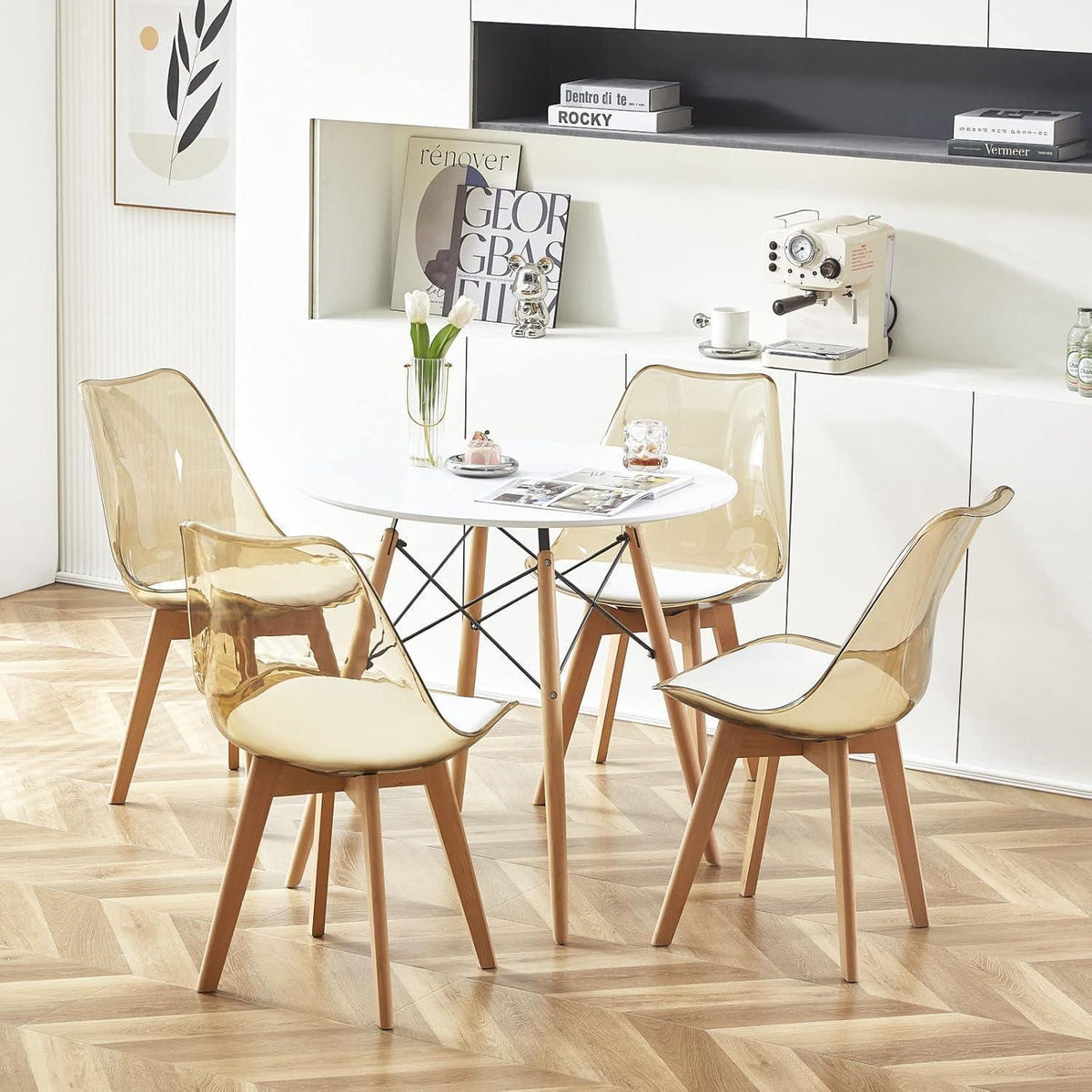 Esszimmerstühle Set 8er – Braune Schale mit weißem PU Sitz
