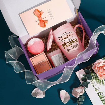 Geschenkset Mama: Tasse, Kerze, Badekugel, Grußkarte - Violett