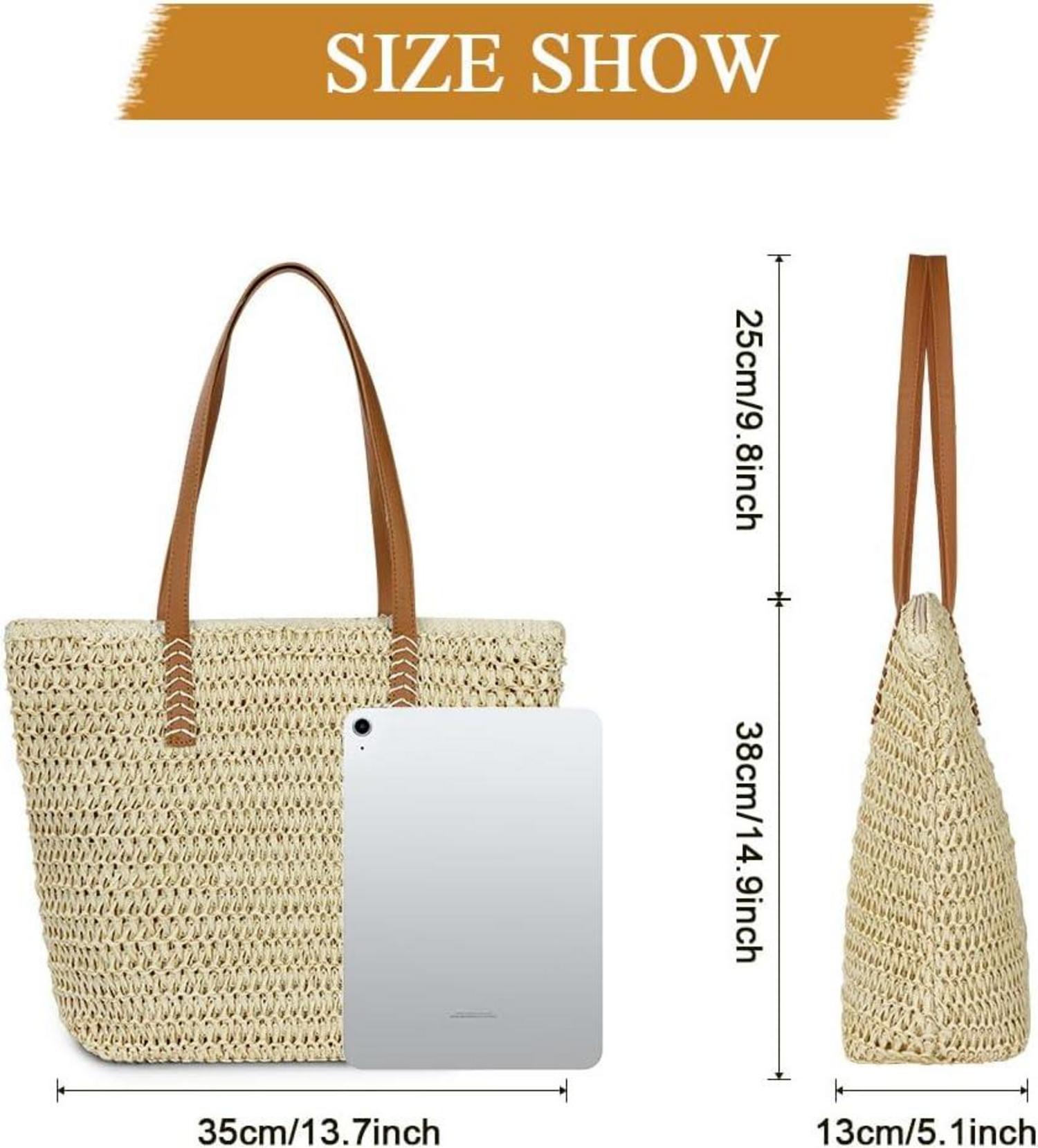 Strohtasche Damen Strand Handtasche mit Reißverschluss und