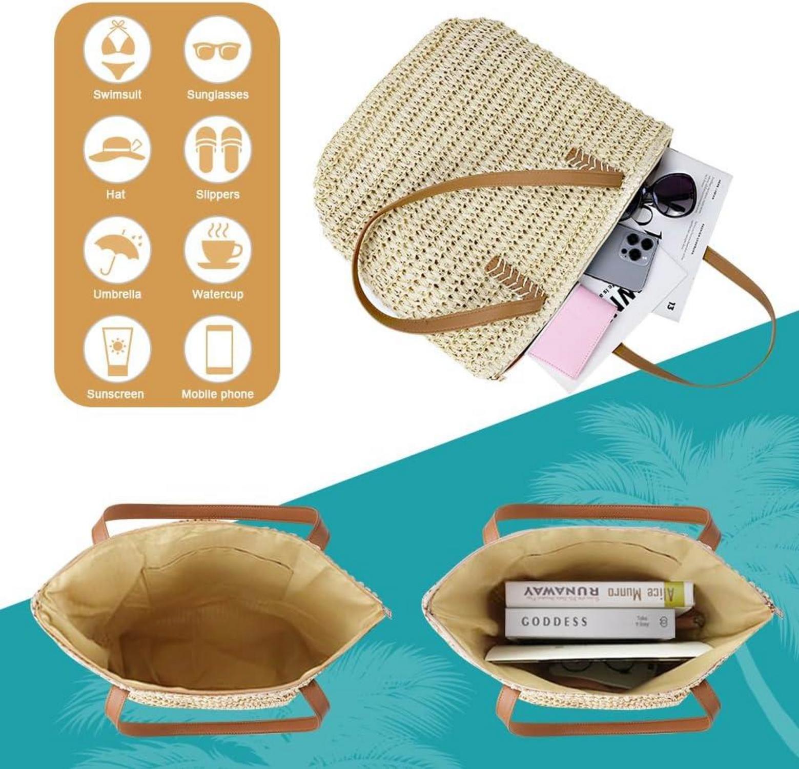 Aucuu Strohtasche Damen mit Ledergriffe Reißverschluss für Strand Sommer