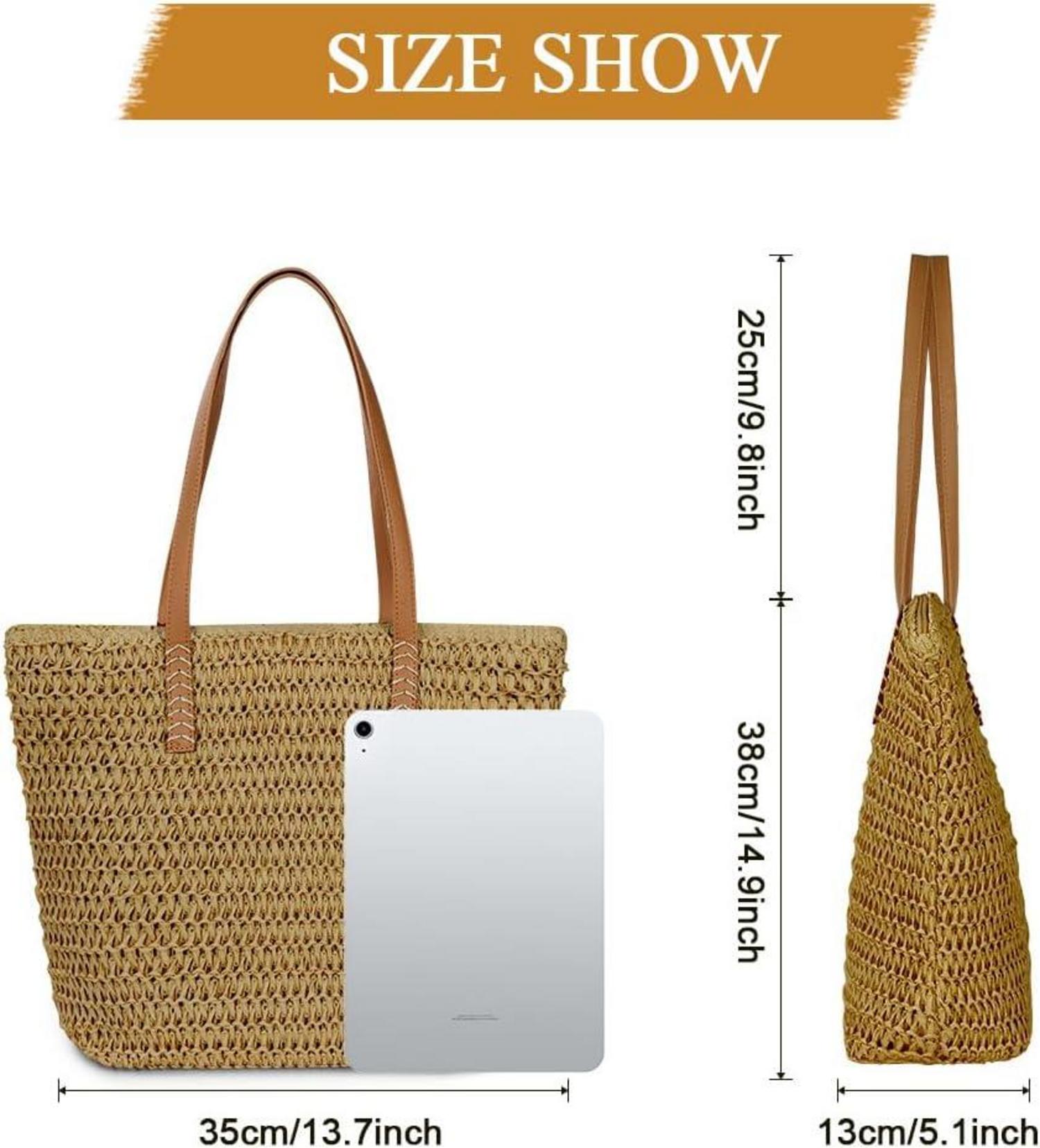 Strohtasche Damen Sommer Strand Handtasche Ledergriffe