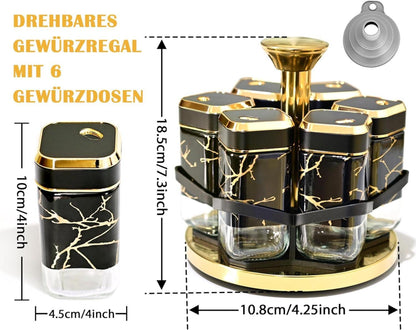 SAEIV Marmorierter Gewürzregal Stehend 6x120ml Gewürzgläser Drehbarer Spice Rack aus Edelstahl
