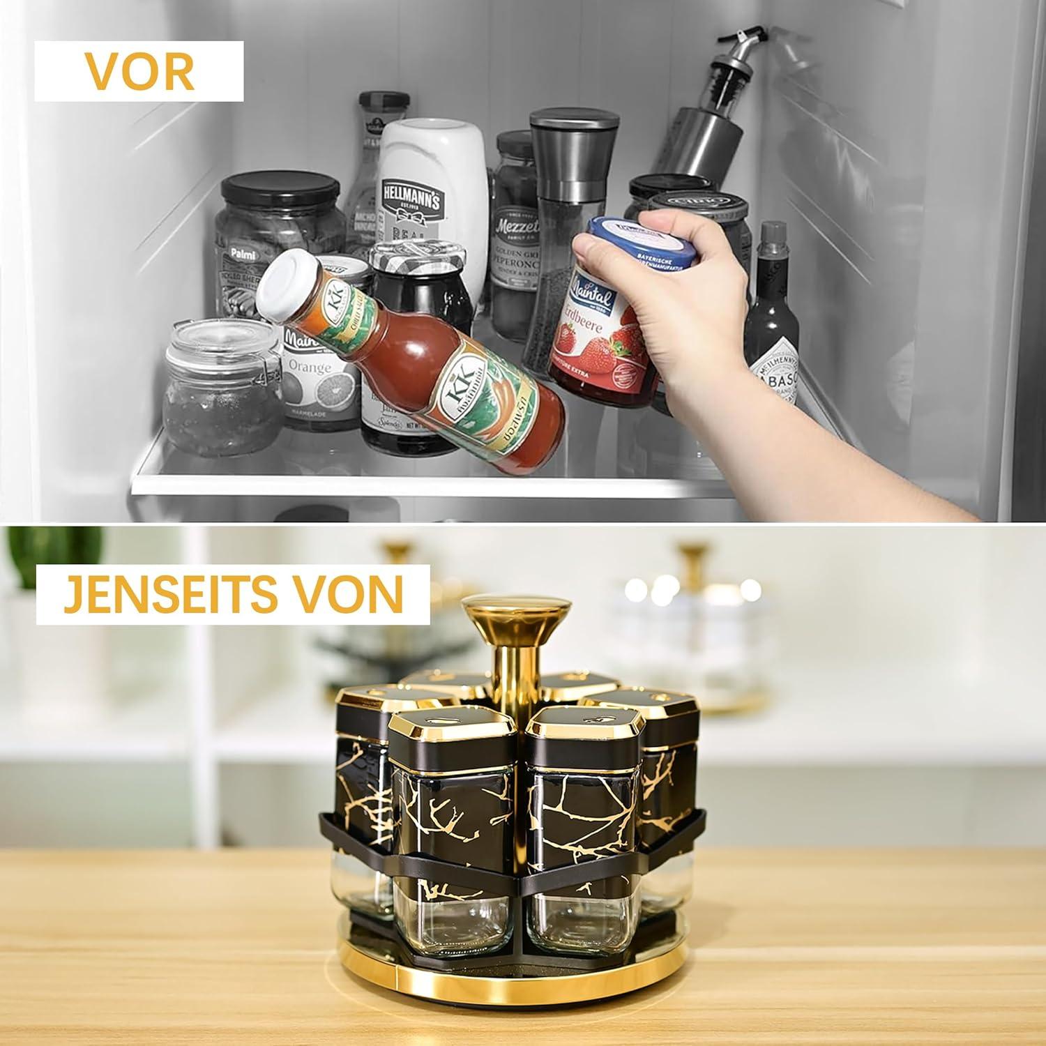 Marmorierter Gewürzregal Organizer 360° Drehbar 6x 120ml Gewürzgläser