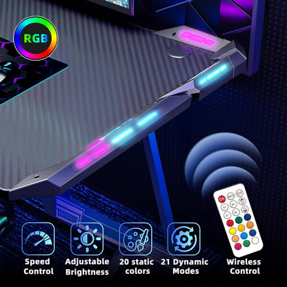 Gaming Schreibtisch LED 100x60 cm PC Gamer Tisch Kohlefaseroberfläche