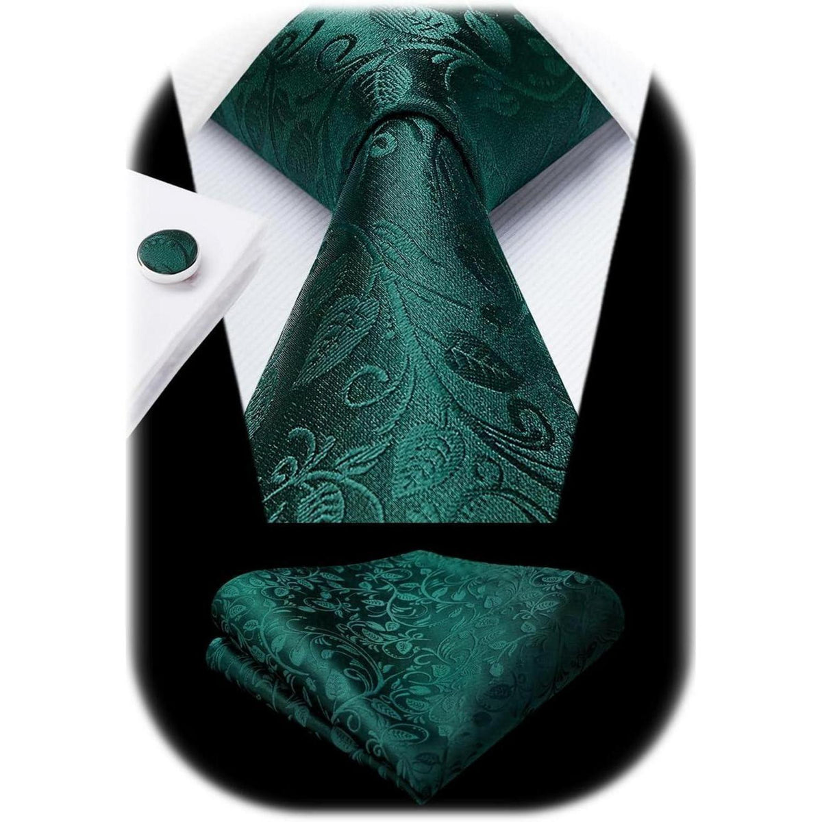 Herren Krawatten Set mit Einstecktuch und Manschettenknöpfen Seide Paisley Grün