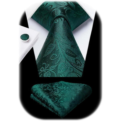 Herren Krawatten Set mit Einstecktuch und Manschettenknöpfen Seide Paisley Grün