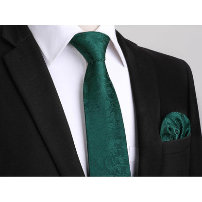 Herren Krawatten Set mit Einstecktuch und Manschettenknöpfen Seide Paisley Grün