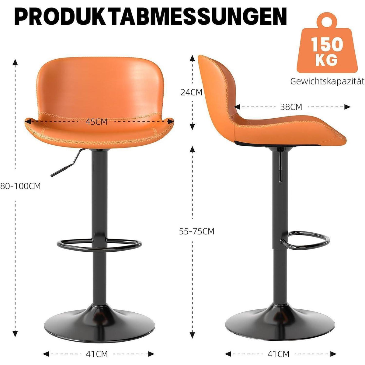 Verstellbarer Barhocker Set (4x) – Orange in Lederoptik