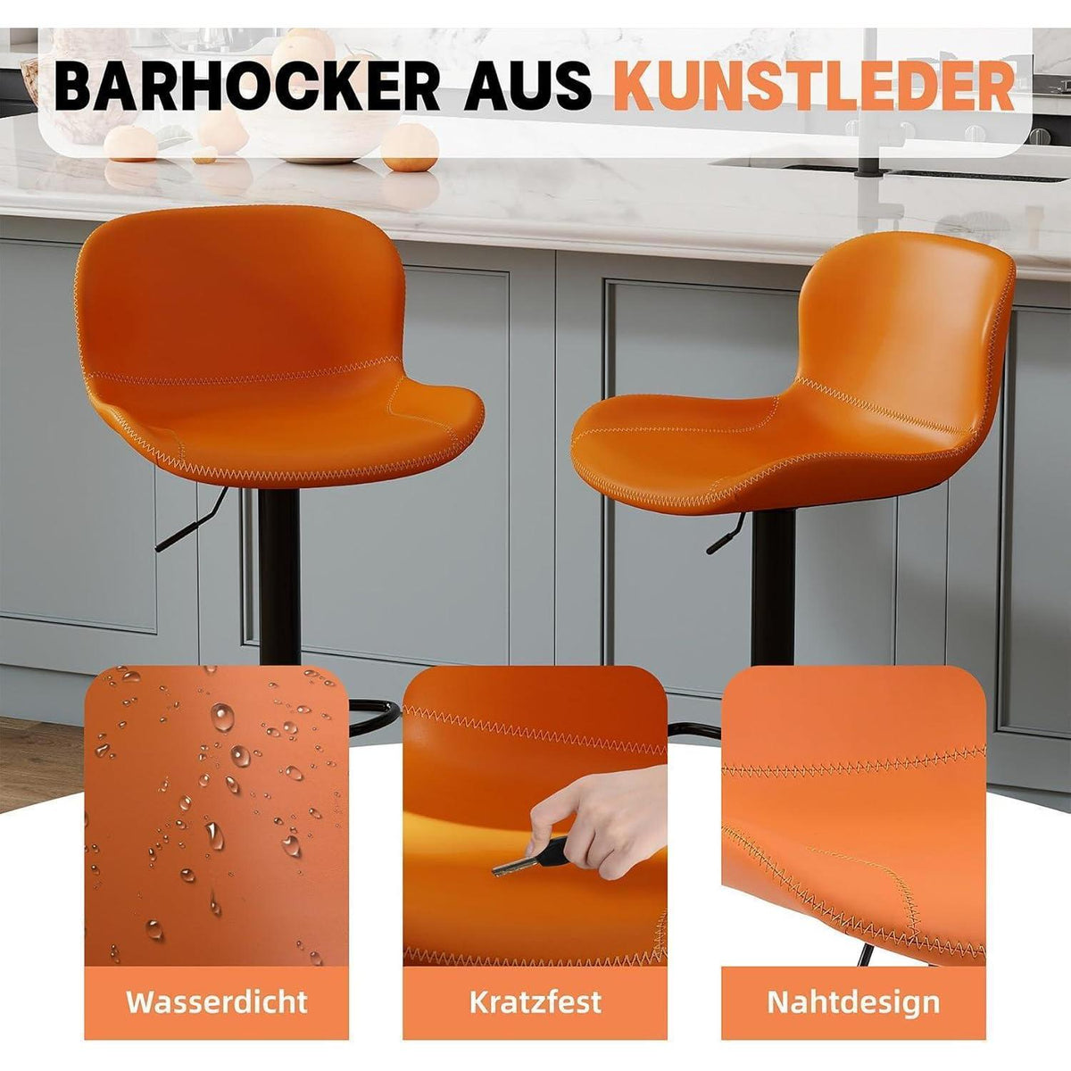 Verstellbarer Barhocker Set (4x) – Orange in Lederoptik