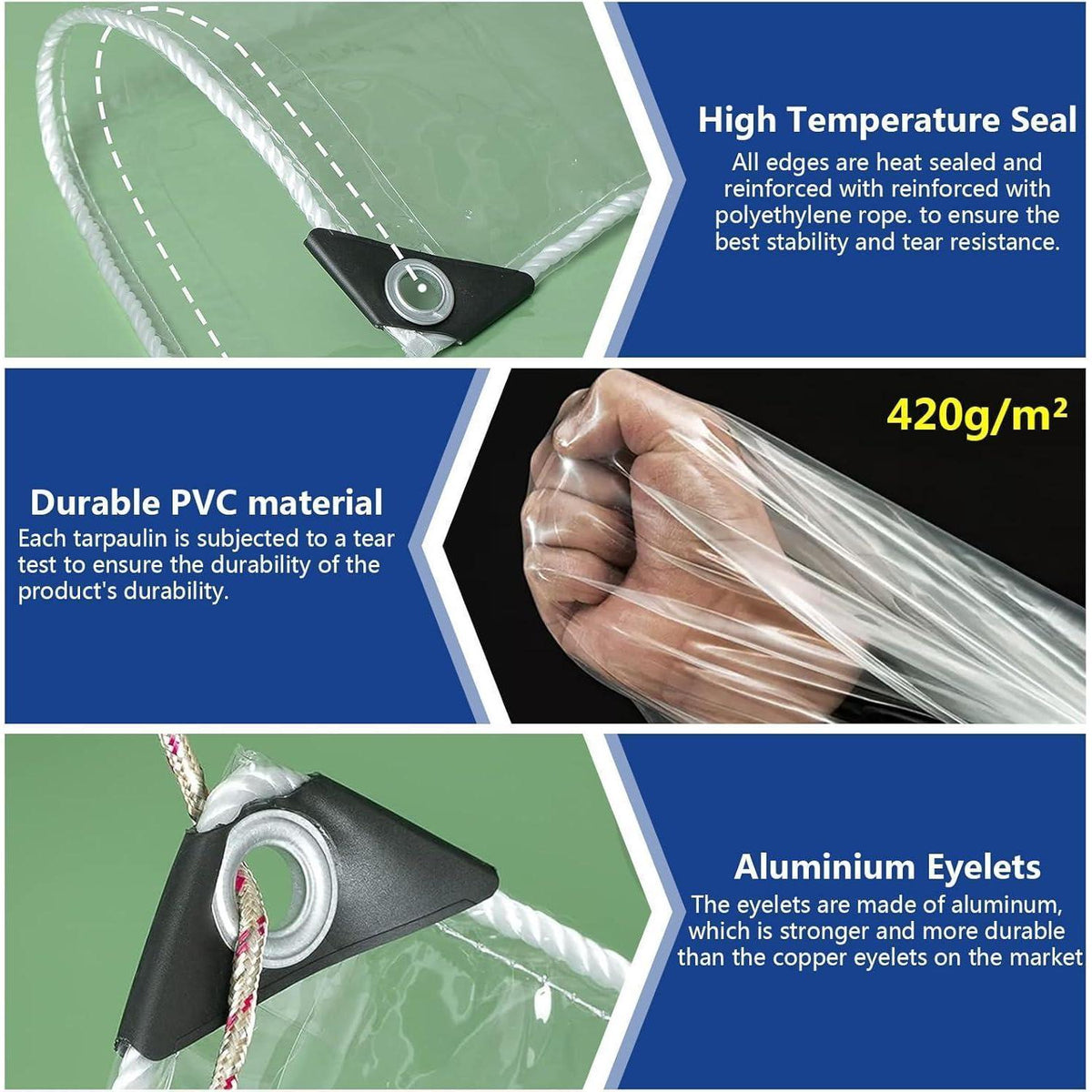 Transparente PVC Plane mit Ösen 3x3m Wasserdicht 420g/m²