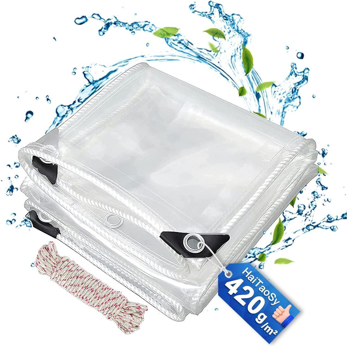 Transparente Abdeckplane 2x5m mit Ösen, 420g/m² PVC, Wasserdicht