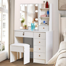 Schminktisch mit LED-Beleuchtung, Spiegel, Hocker, 6 Schubladen
