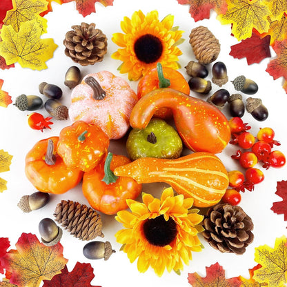 Herbst Kürbis Deko Set 160pcs Ahornblätter Eicheln Tannenzapfen