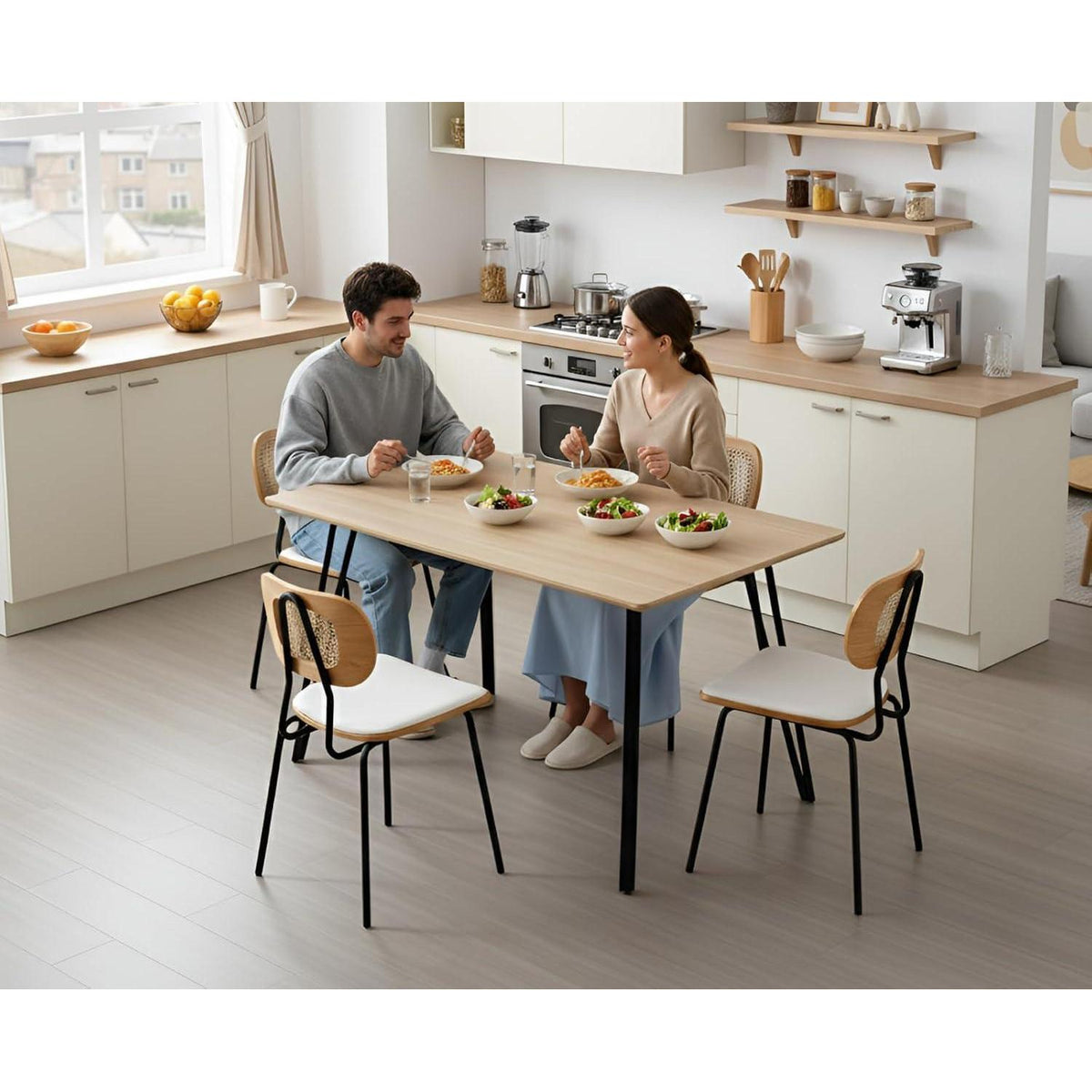 Gepolsterte Esszimmerstühle 2er Set Weiß mit Rattan Rückenlehne