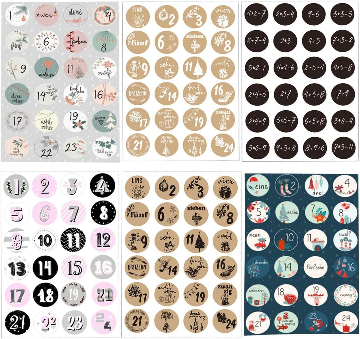 Adventskalender Zahlen Stickers 6x24 Weihnachten DIY Bastelset