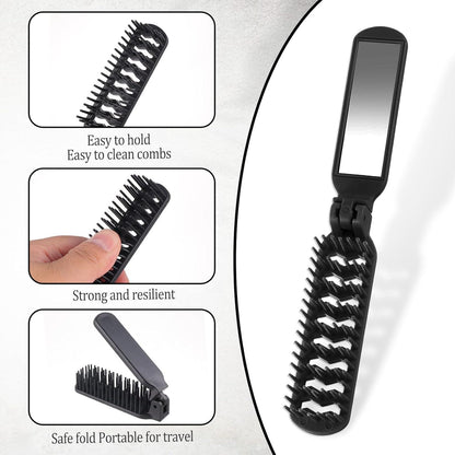 Reisebürste mit Spiegel Mini Haarbürste Faltbar Schwarz Kompakt Brush