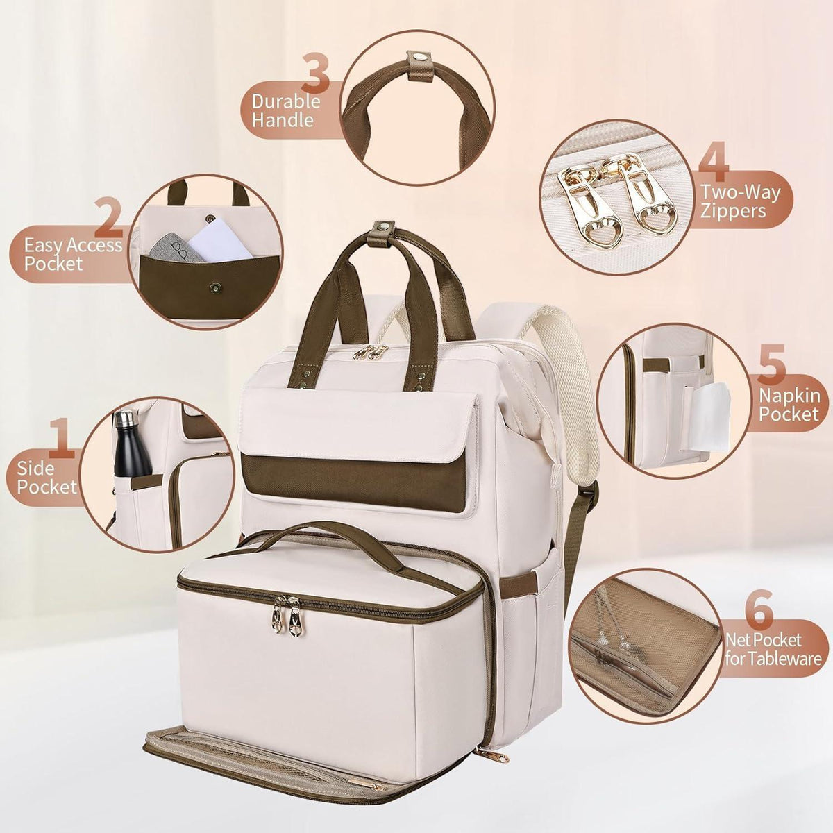 Lunch-Rucksack für Damen Beige 15.6" – Multifunktionaler Laptop-Rucksack