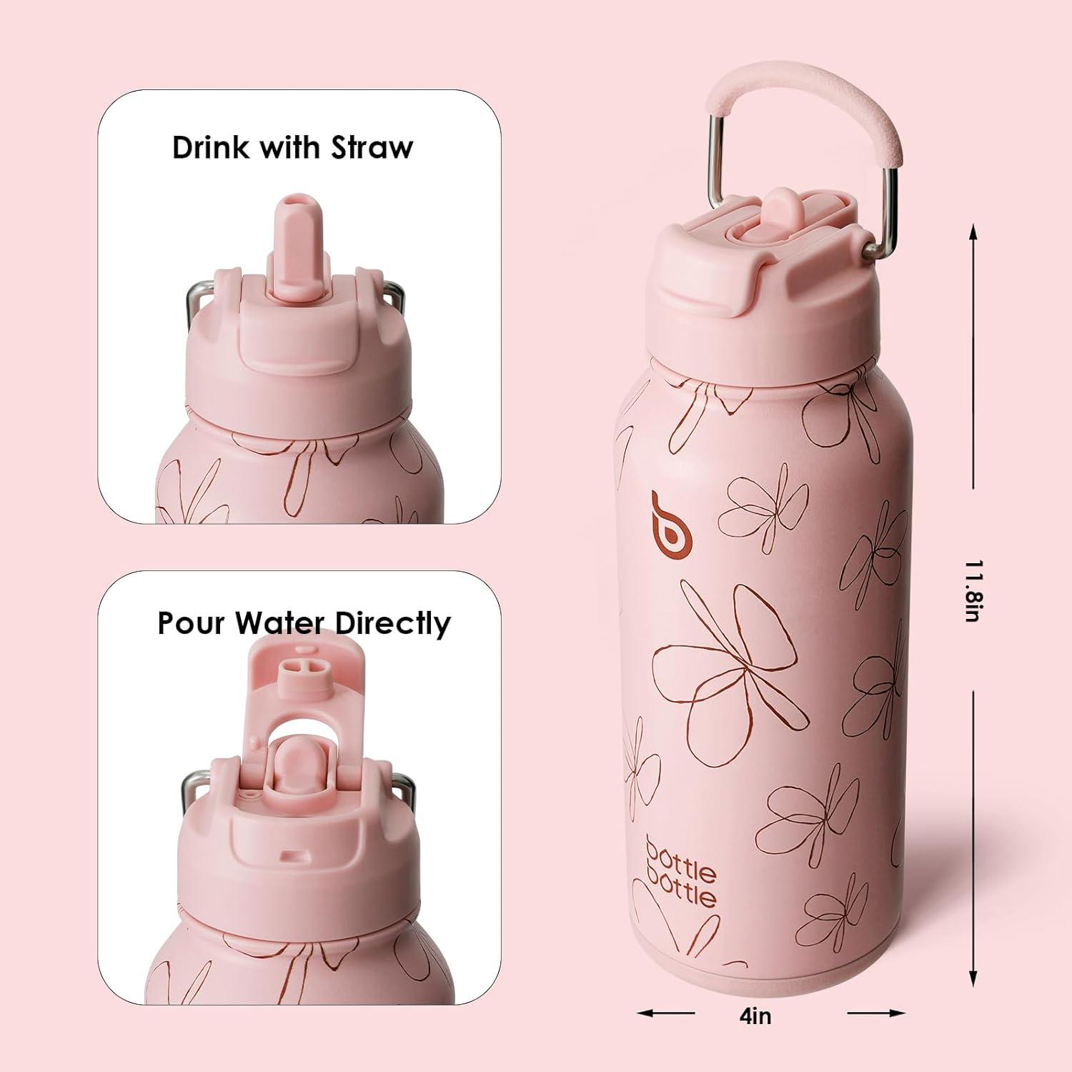 Edelstahl Trinkflasche mit Strohhalm 1L Auslaufsicher Isolierflasche Rose