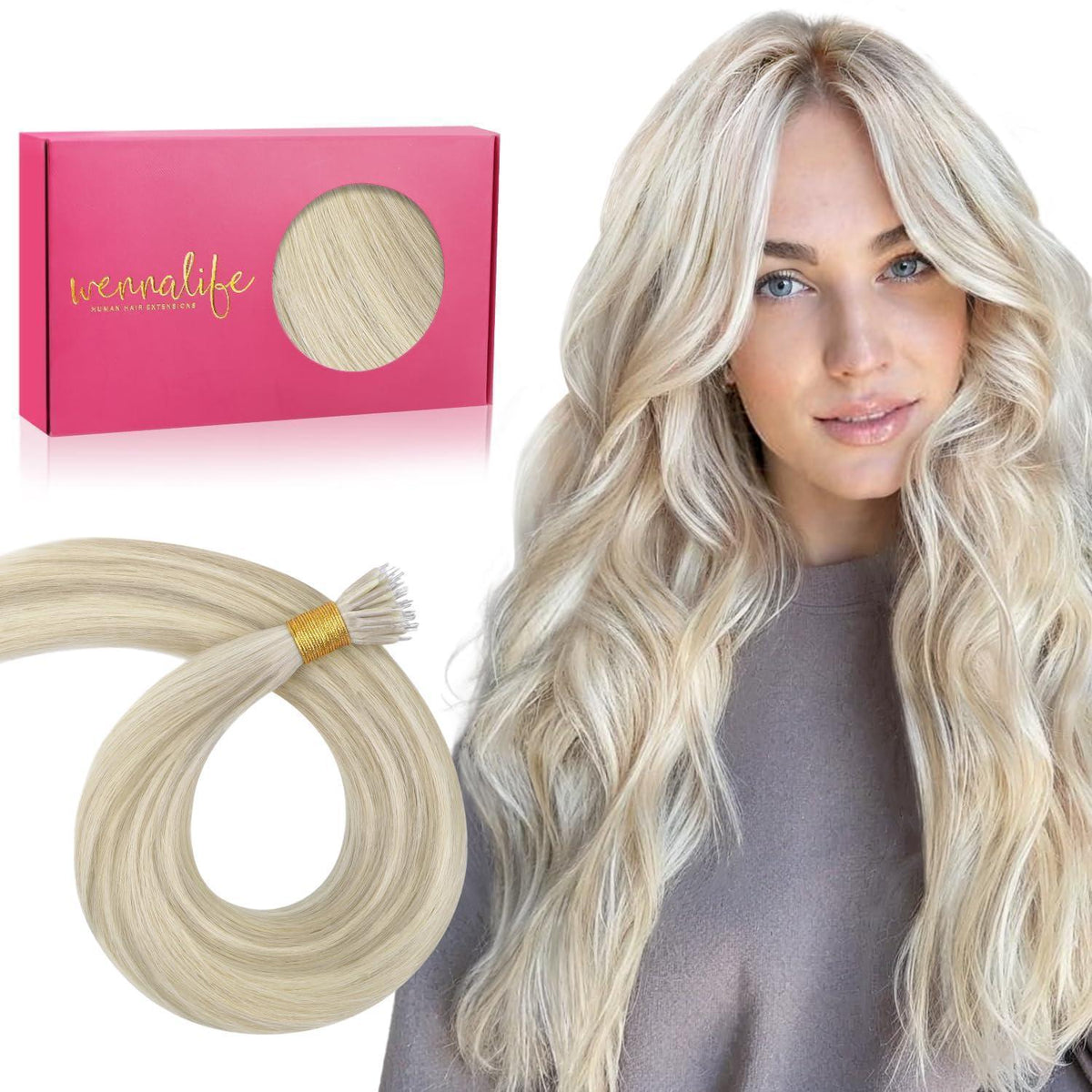 Nanoring Haarverlängerung Echthaar 50cm Aschblond Highlights Platinblond