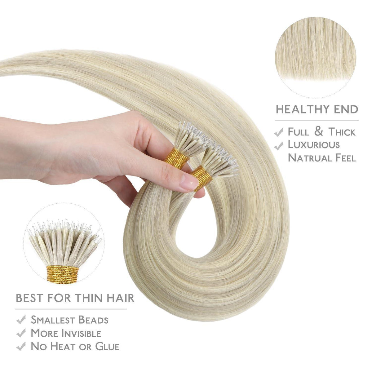 Nanoring Haarverlängerung Echthaar 50cm Aschblond Highlights Platinblond