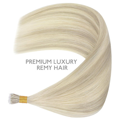 Nanoring Haarverlängerung Echthaar 50cm Aschblond Highlights Platinblond