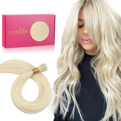 Echthaar Nano Ring Extensions Platinblond 50cm