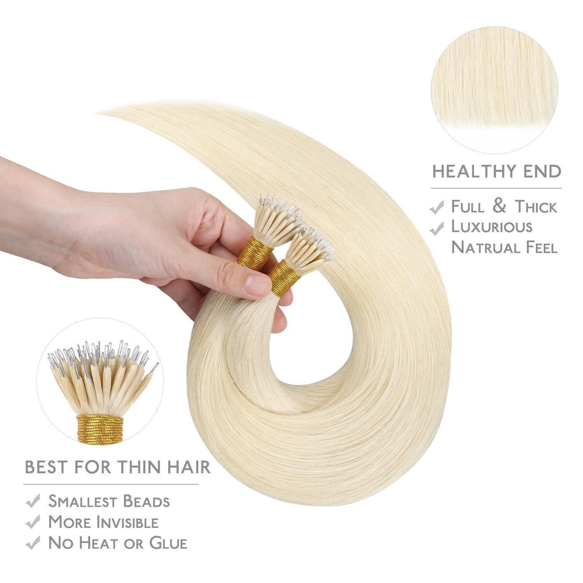 Echthaar Nano Ring Extensions Platinblond 50cm
