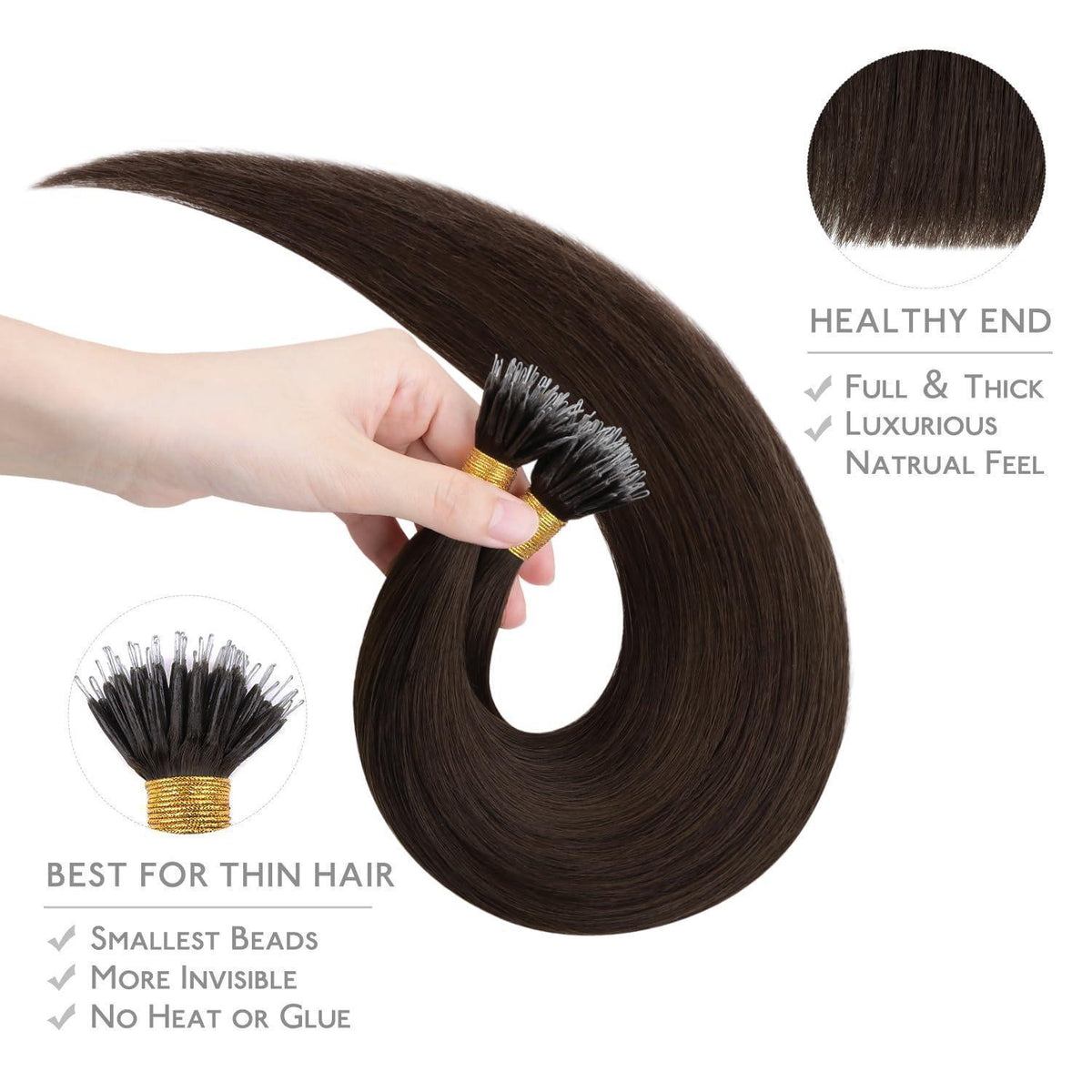 Echthaar Nano Ring Extensions – 60cm, Hellbraun/Dunkelbraun