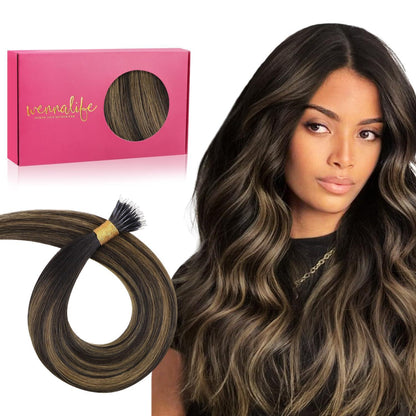 Echthaar Nano Ring Extensions Dunkelbraun-Kastanienbraun Balayage