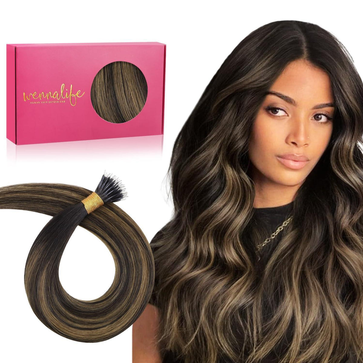 Echthaar Nano Ring Extensions Dunkelbraun-Kastanienbraun 45cm