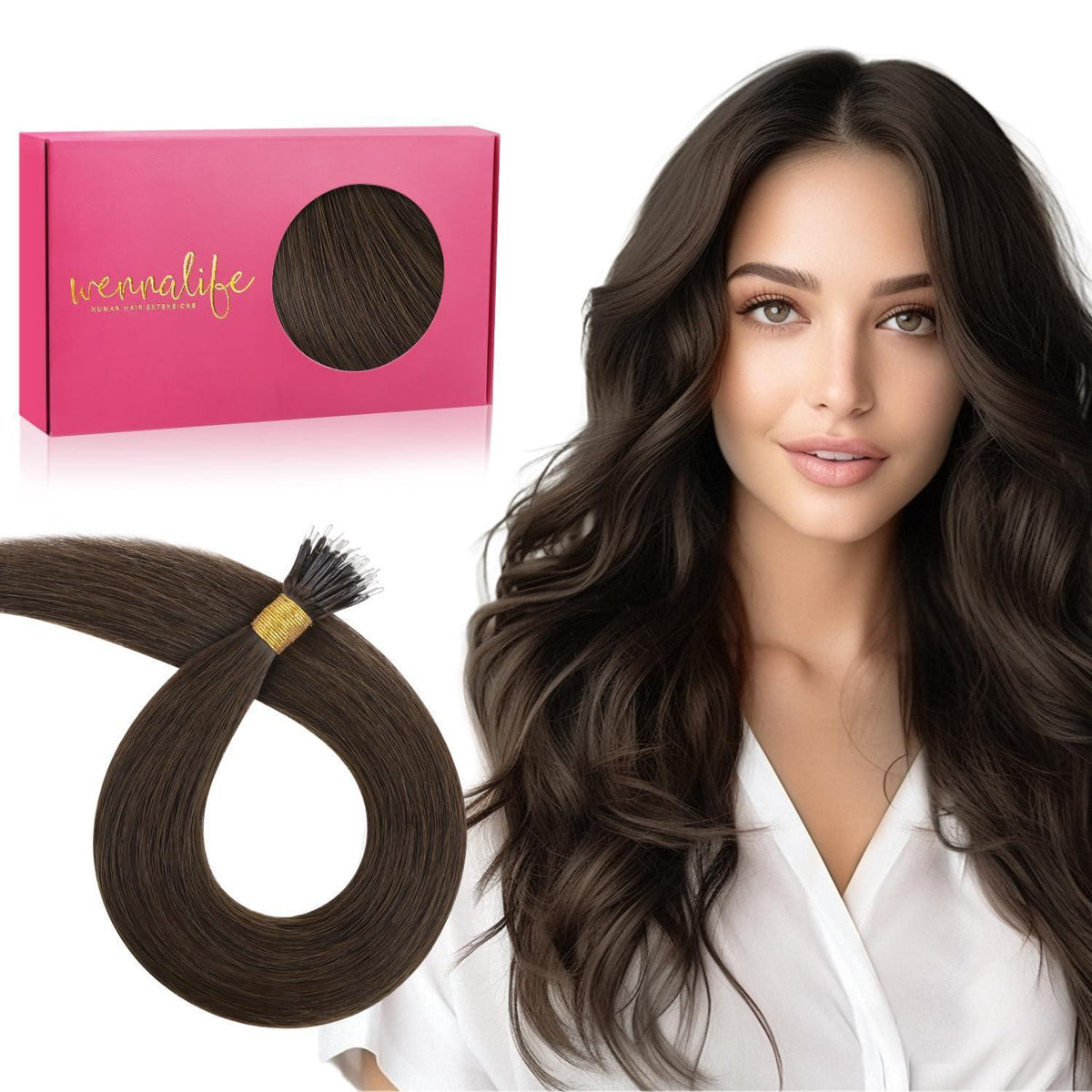 Echthaar Nano Ring Extensions Schokoladenbraun 40cm