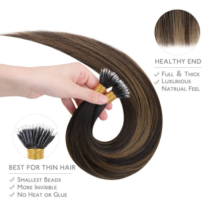 Echthaar Nano Ring Extensions Dunkelbraun-Kastanienbraun