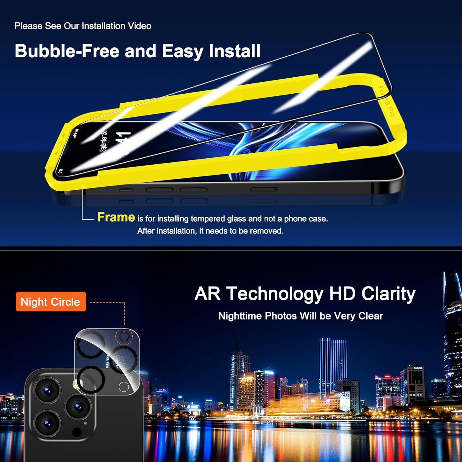 Panzerglas für iPhone 16 Pro Kamera Schutzfolie 9H+ Full Screen 3+3 Stück