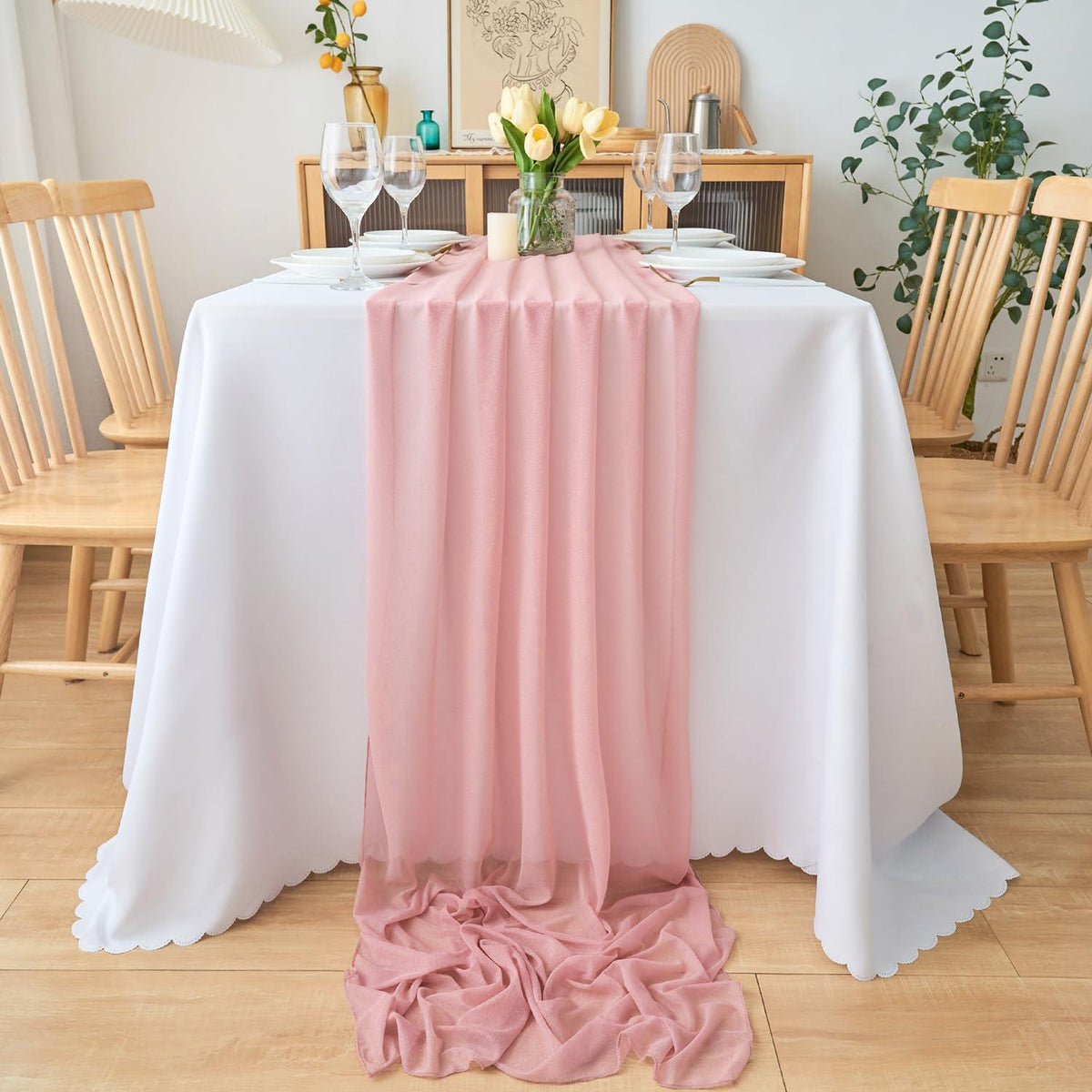 Altrosa Tischläufer Chiffon 77x300cm - 2er Set Boho Hochzeit Deko