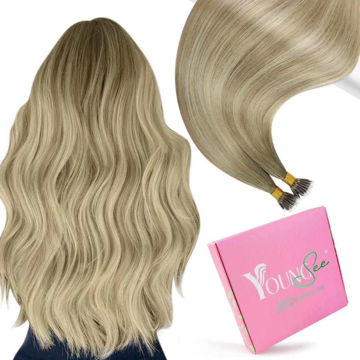 Echthaar Nano Ring Extensions Blond 60cm Aschblond Platinblond