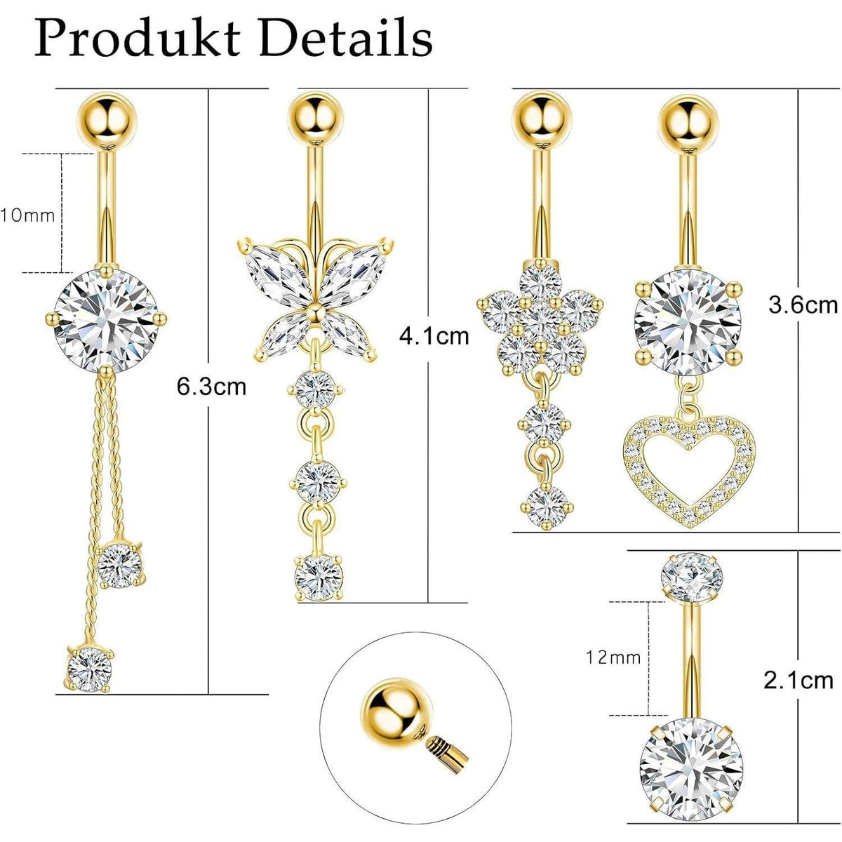 Bauchnabelpiercing Set 5 Stück Chirurgenstahl 10mm Silber Gold Strass Perlen