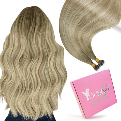 Blond Nanoring Extensions Echthaar Aschblond mit Platinblond 50cm