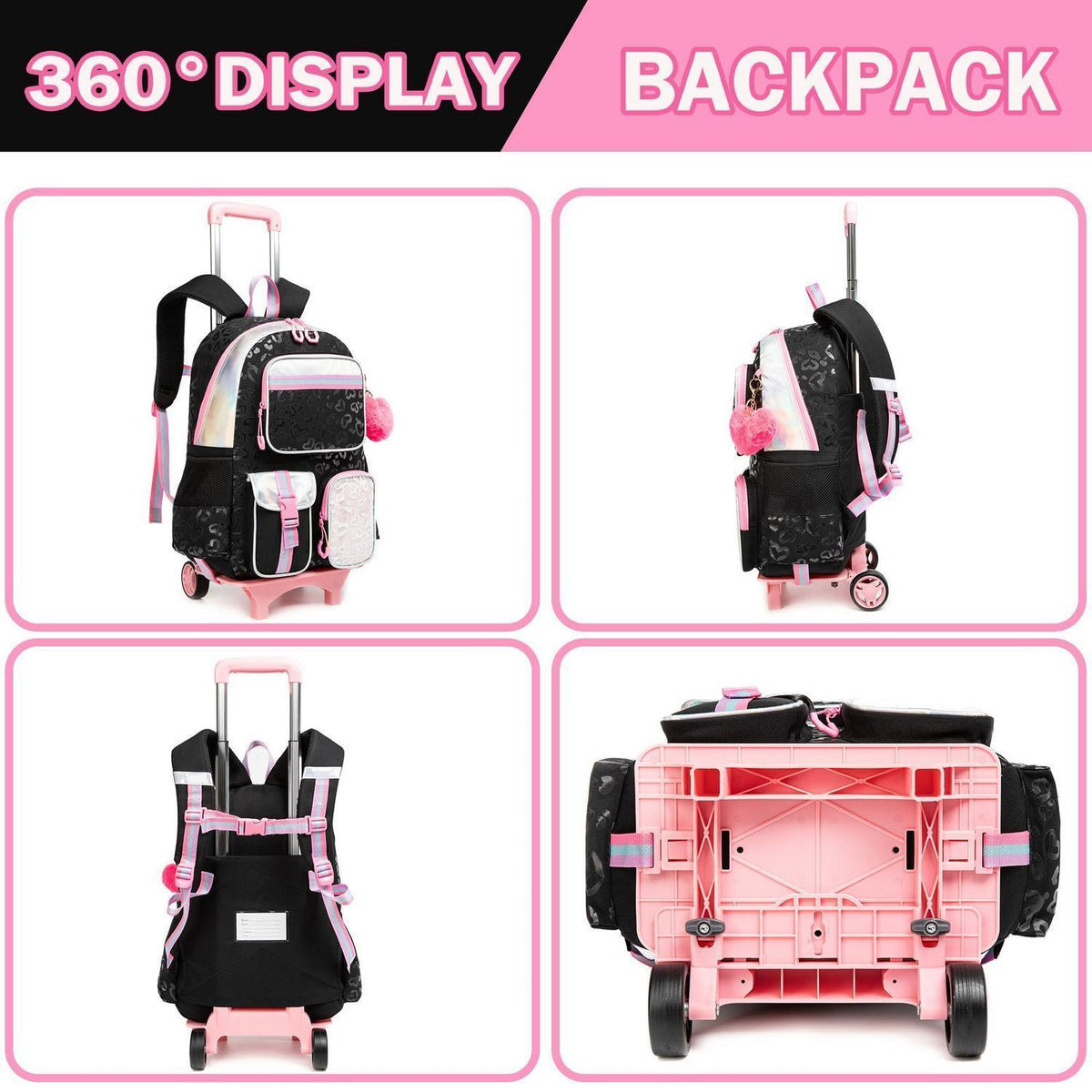 Rollrucksack für Mädchen mit Rädern – 17 Zoll Schulrucksack
