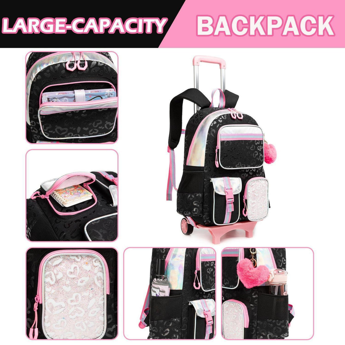 Rollrucksack für Mädchen mit Rädern – 17 Zoll Schulrucksack