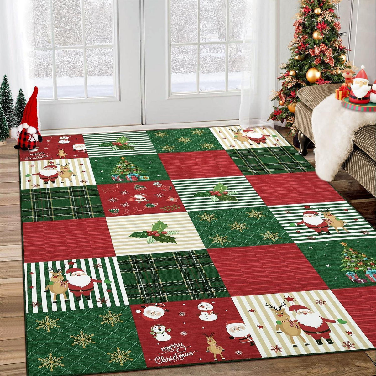 Weihnachts Teppich Rot Grün 140x200 cm - Waschbarer Wohnzimmerteppich