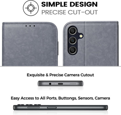 Handyhülle Samsung Galaxy A15 5G/4G Schutz Glas RFID Grau Blau PU Leder