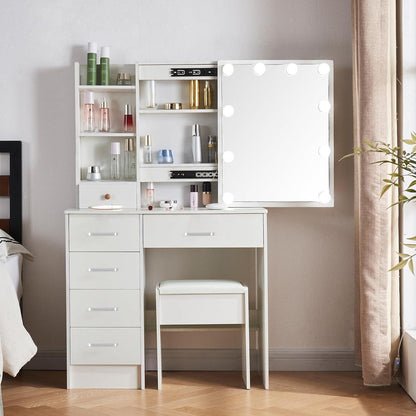 Schminktisch mit LED-Beleuchtung, Spiegel, Hocker, 6