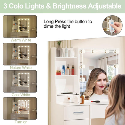 Schminktisch mit LED-Beleuchtung, Spiegel, Hocker, 6