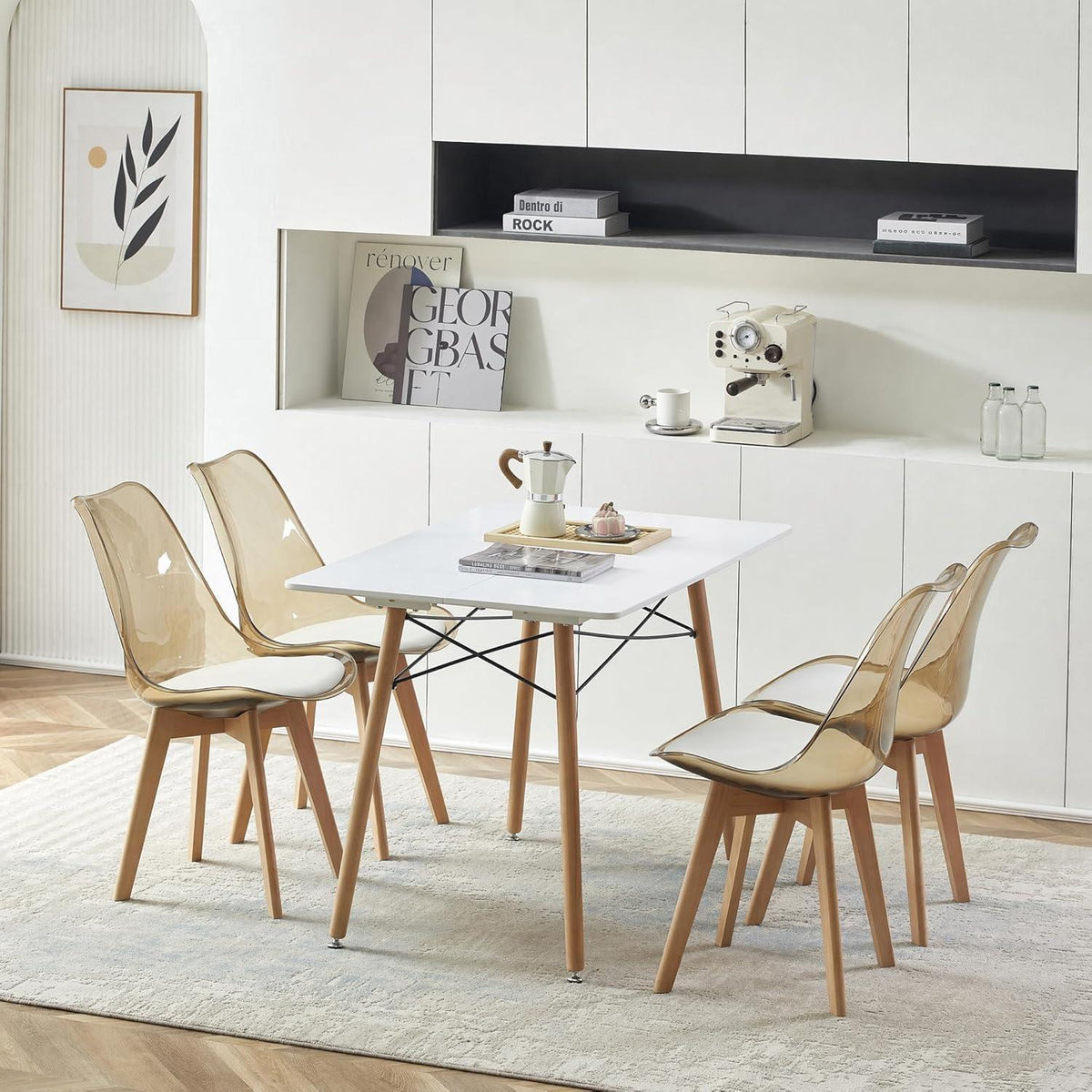 Transparente Esszimmerstühle Set 8 – Skandinavischer Stil mit Holzbeinen