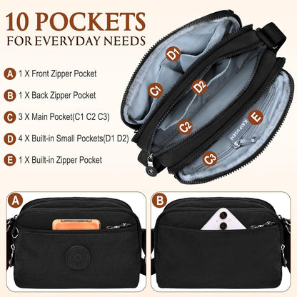 Umhängetasche Damen Leichte Nylon Wasserdicht Crossbody Bag mit 10