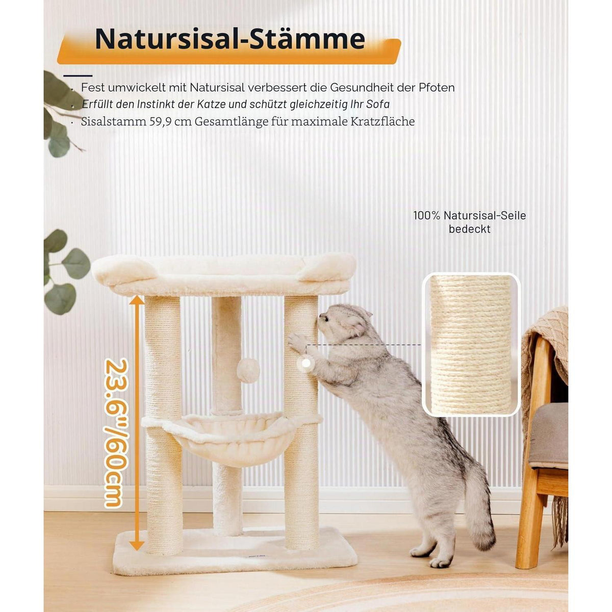 Hoher Kratzbaum für Katzen mit Hängematte & Liegefläche