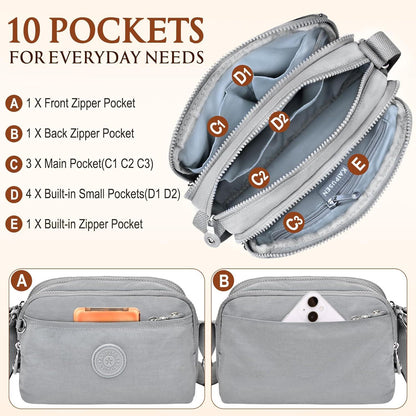VOBUKE Kleine Umhängetasche Damen Nylon Leicht Wasserdicht Crossbody Bag Beige Grau
